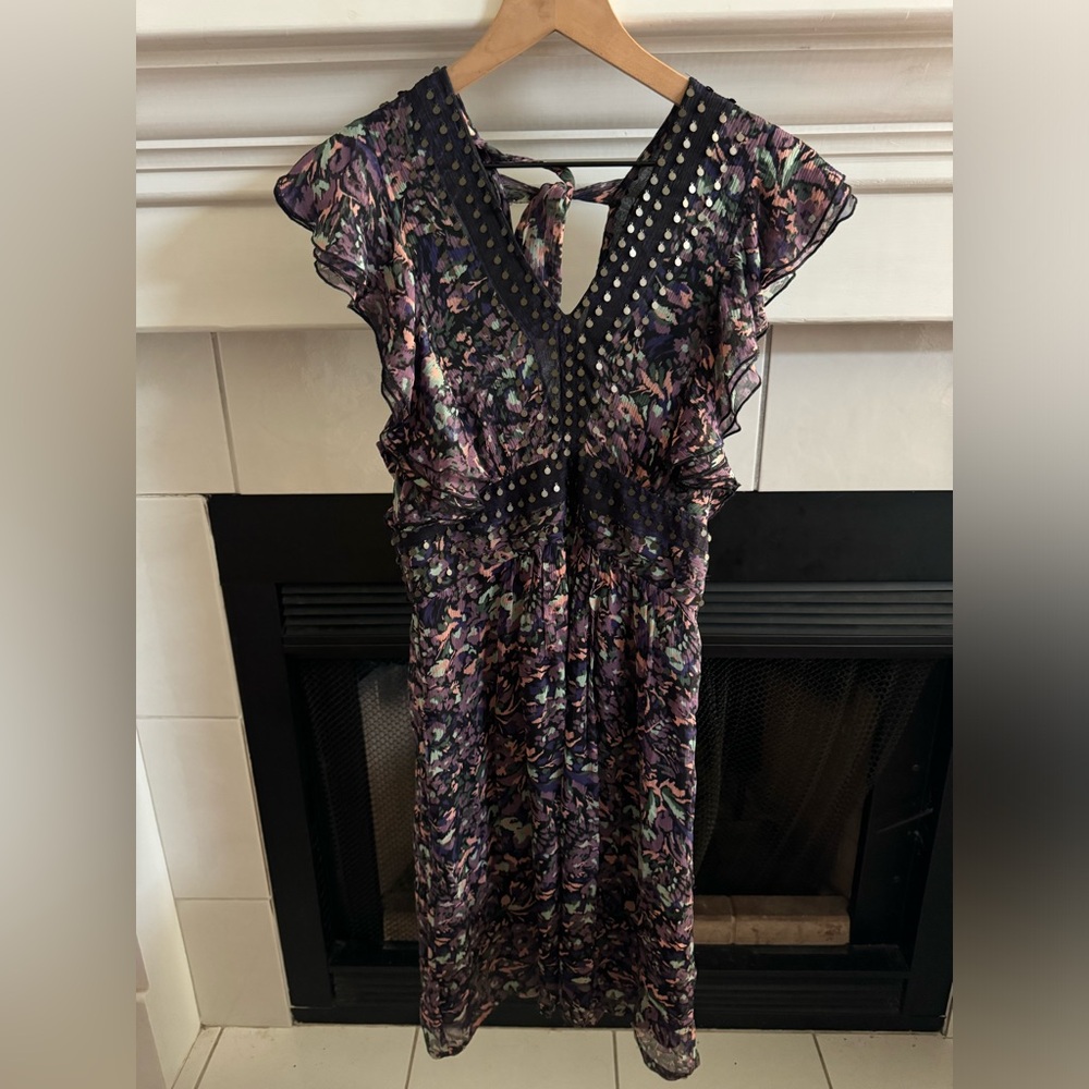 Plenty by Tracy Reese Purple Printed 100% Silk Flutter Sleeve Dress Size 6